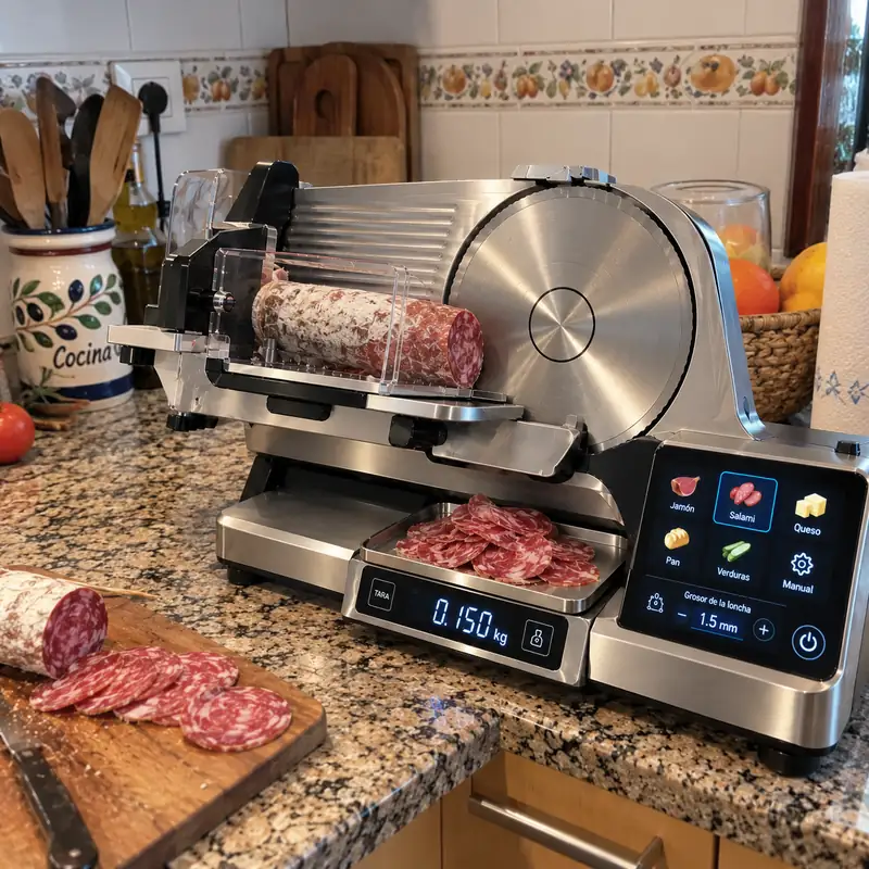 Cortadora con el programa Salami y lonchas de embutido en la bandeja de la báscula